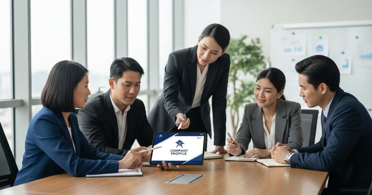 Diverse business team reviewing a professionally designed company profile document, highlighting company profile design and collaboration.