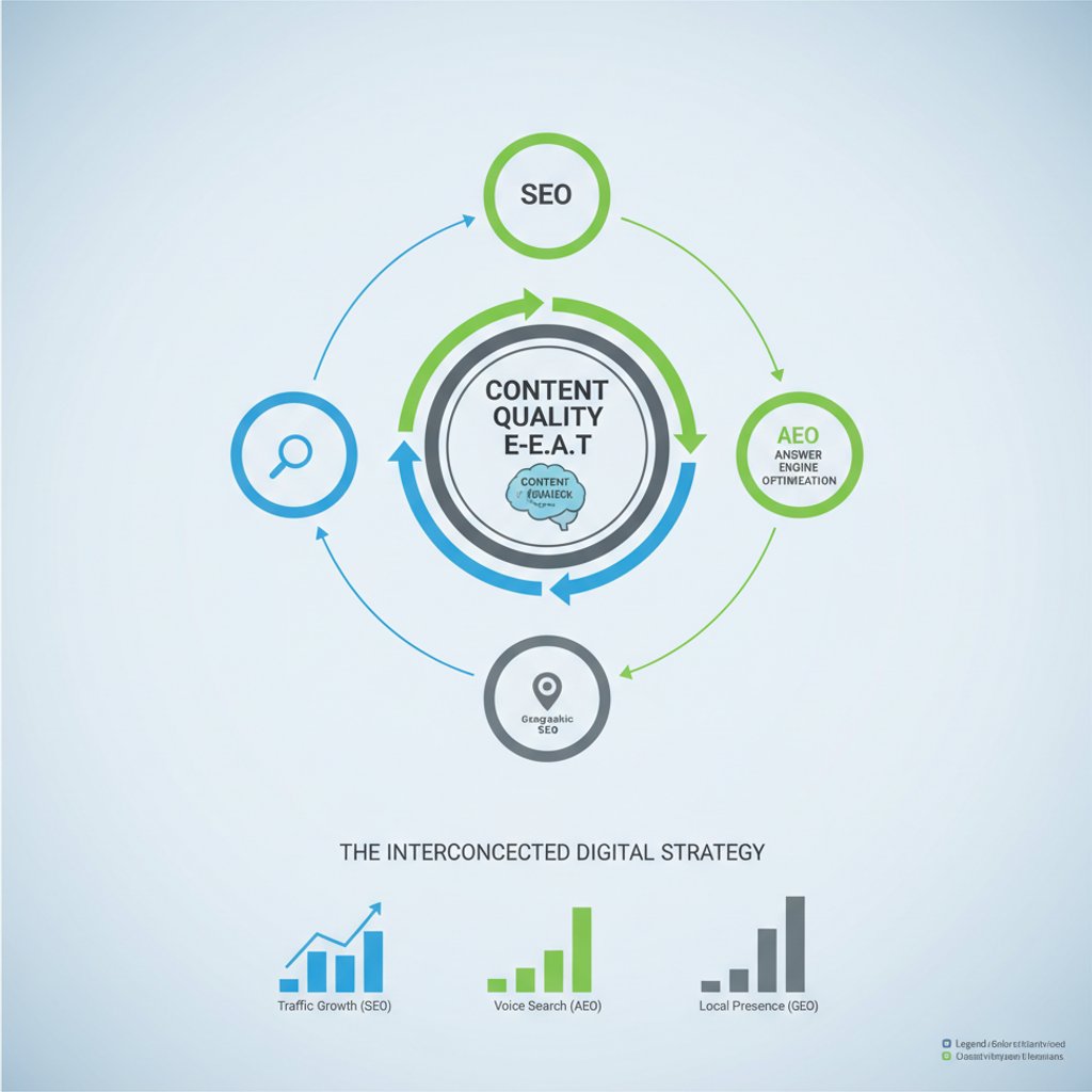 Interconnectedness of AI SEO, AEO, and GEO with content quality and E-E-A-T