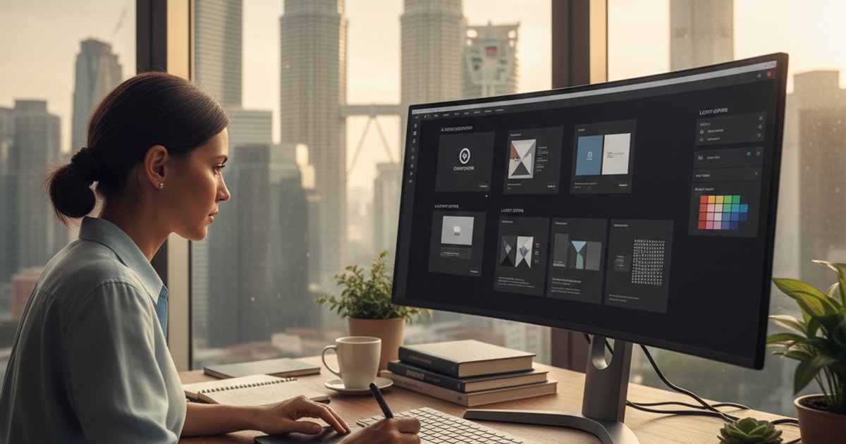 A designer collaborating with AI tools on a company profile design, illustrating company profile design KL innovation