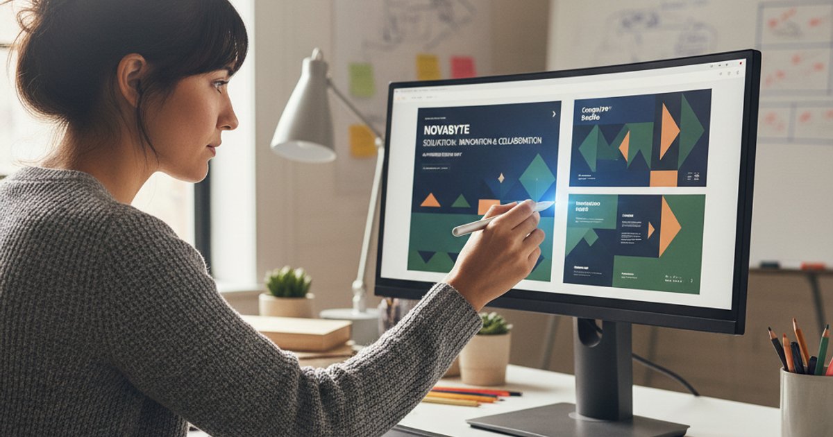 Human graphic designer refining an AI-generated company profile design, highlighting the blend of AI and human creativity for company profile design
