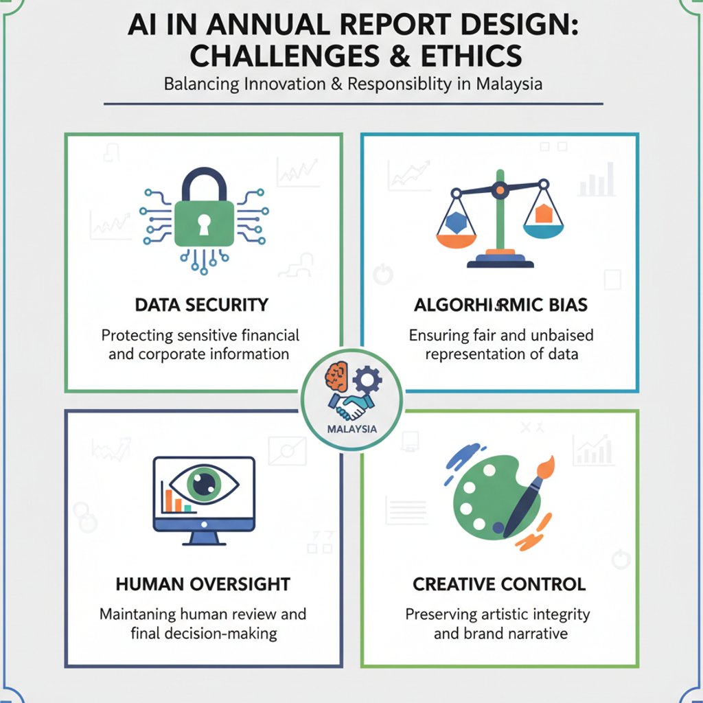 Infographic illustrating the challenges and ethical considerations of using AI in annual report design, including data security, algorithmic bias, human oversight, and maintaining creative control for Malaysian agencies.