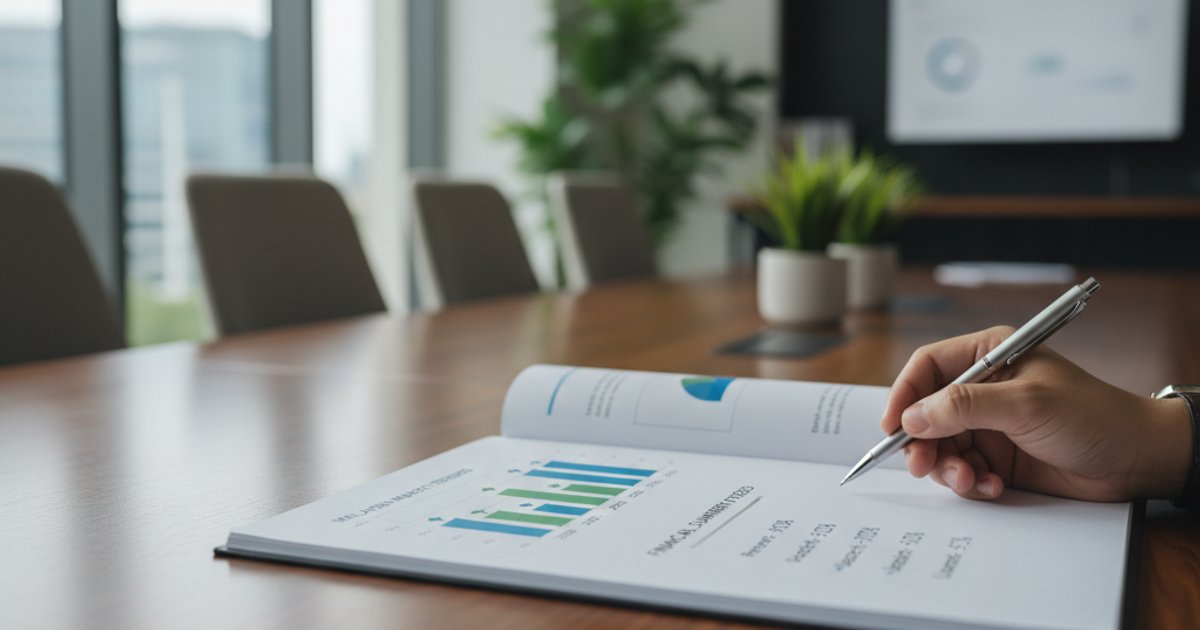 Close-up of a strategic company profile design for a Malaysian business, featuring infographics and financial data on a conference table.
