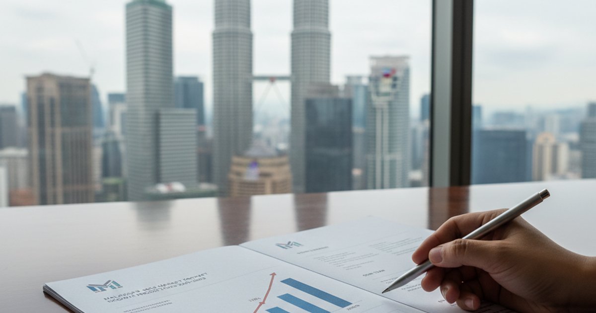 Close-up of a professionally designed company profile with an infographic showing market growth projections for a Malaysian company in Kuala Lumpur