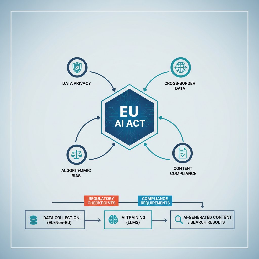 Infographic showing the EU AI Act's impact on AI SEO, AEO, and GEO, highlighting data privacy, cross-border data flow, and content compliance.