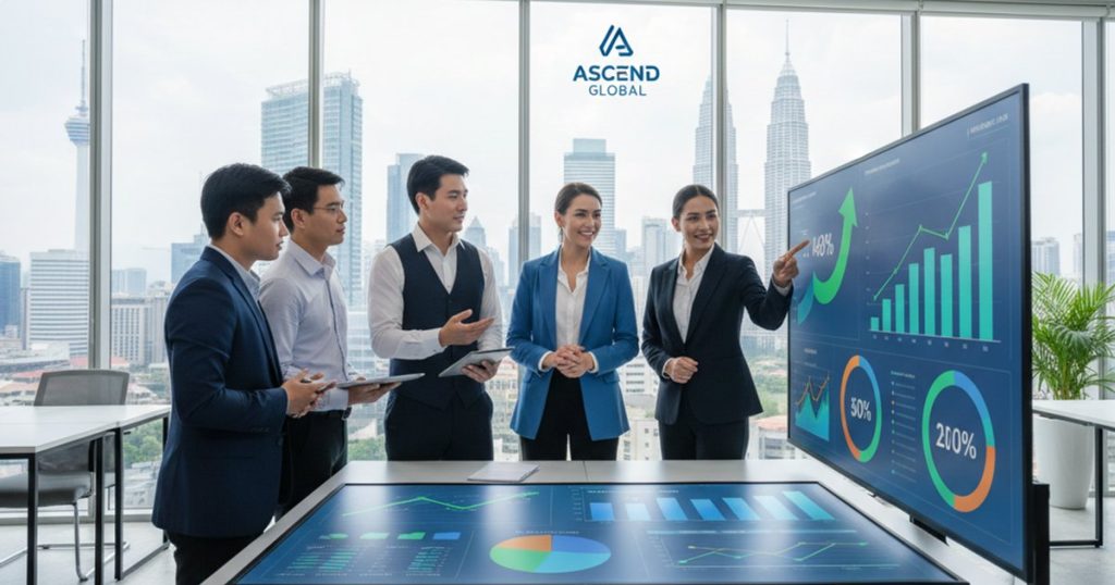 Business team collaborating on company profile design in a modern KL office
