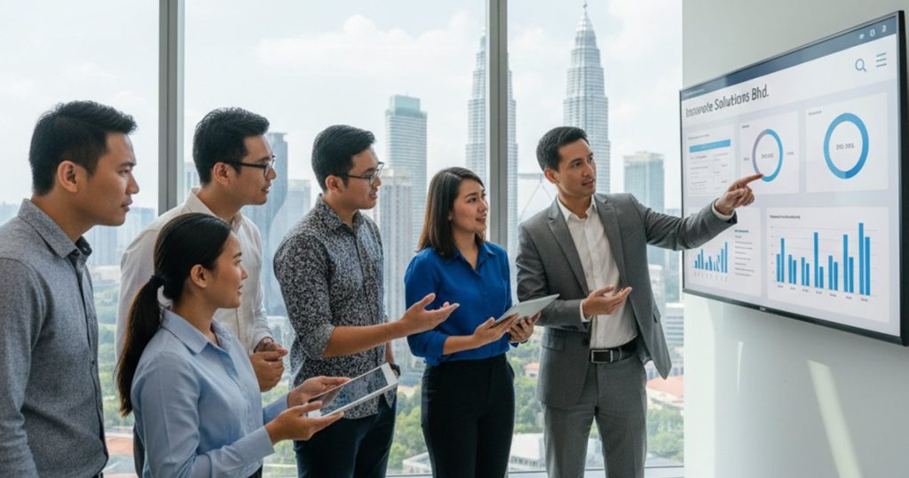 Malaysian business team reviewing a modern company profile design for funding applications in Kuala Lumpur