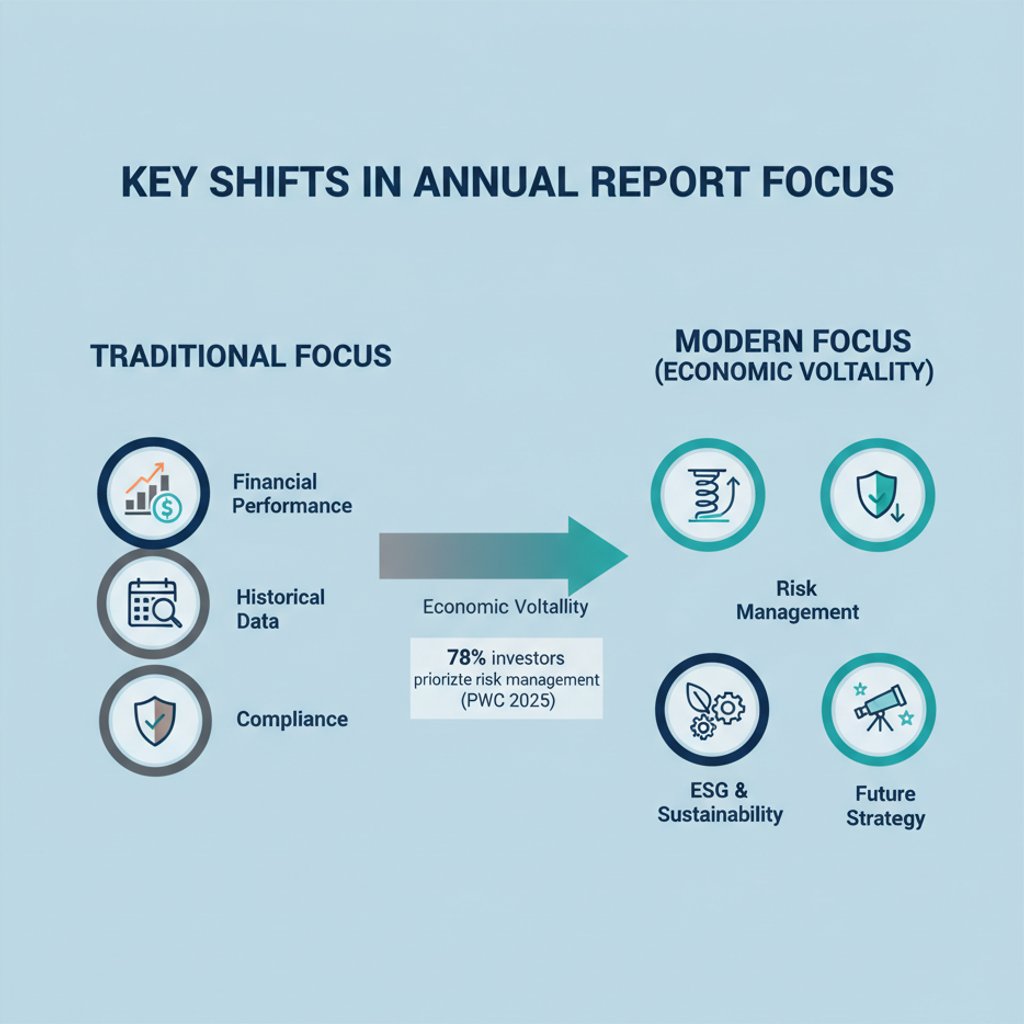 Infographic illustrating the shift in annual report design focus from traditional financial performance to modern resilience and risk management in KL and Malaysia