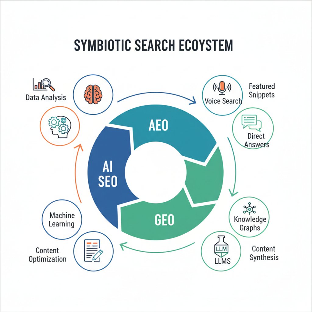 The Symbiotic Search: Integrating AI SEO, AEO, and GEO for Unified Digital Strategy