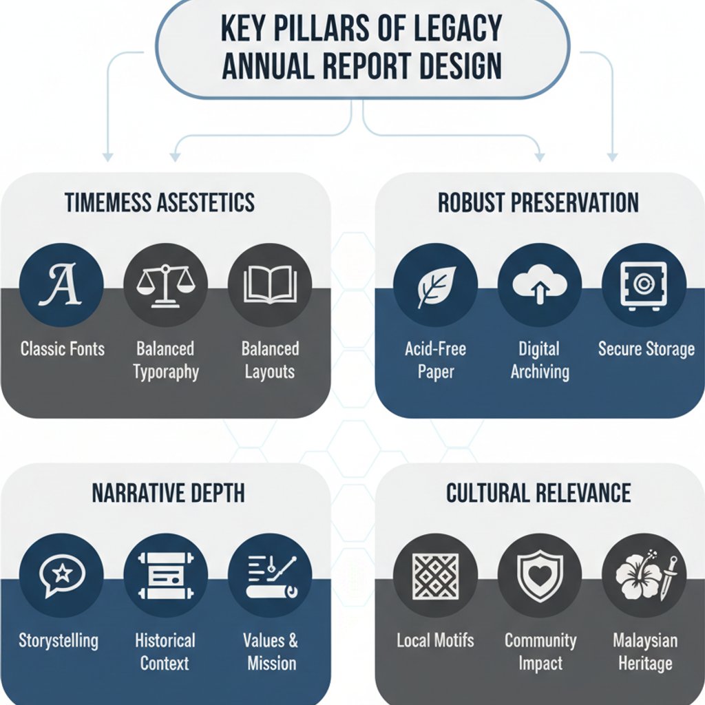 Infographic detailing key pillars for annual report design focused on legacy and intergenerational impact, including timeless aesthetics, robust preservation, narrative depth, and cultural relevance for Malaysian companies.