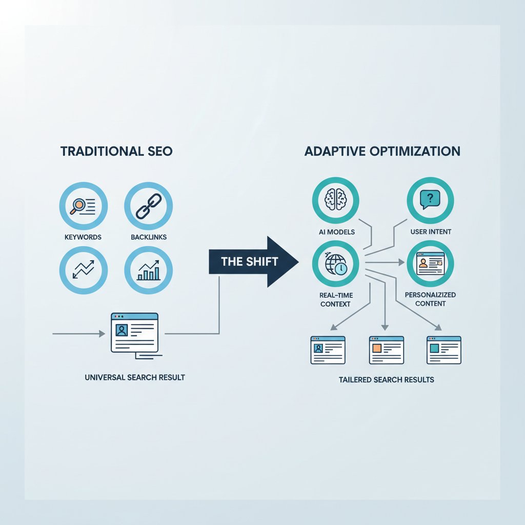 Infographic illustrating the shift from Traditional SEO to Adaptive Optimization for AI SEO