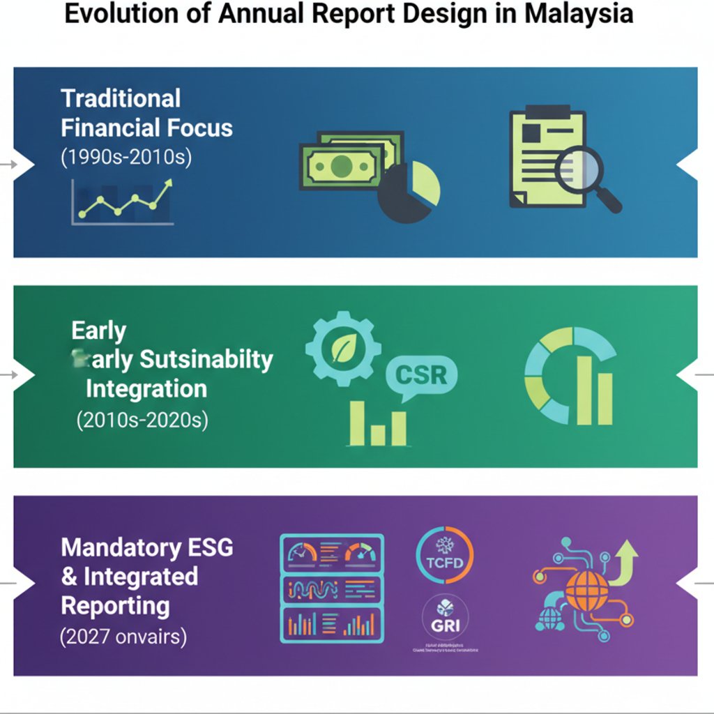 Infographic showing the evolution of annual report design in Malaysia, from traditional financial focus to mandatory ESG and integrated reporting, highlighting the impact on annual report design KL.