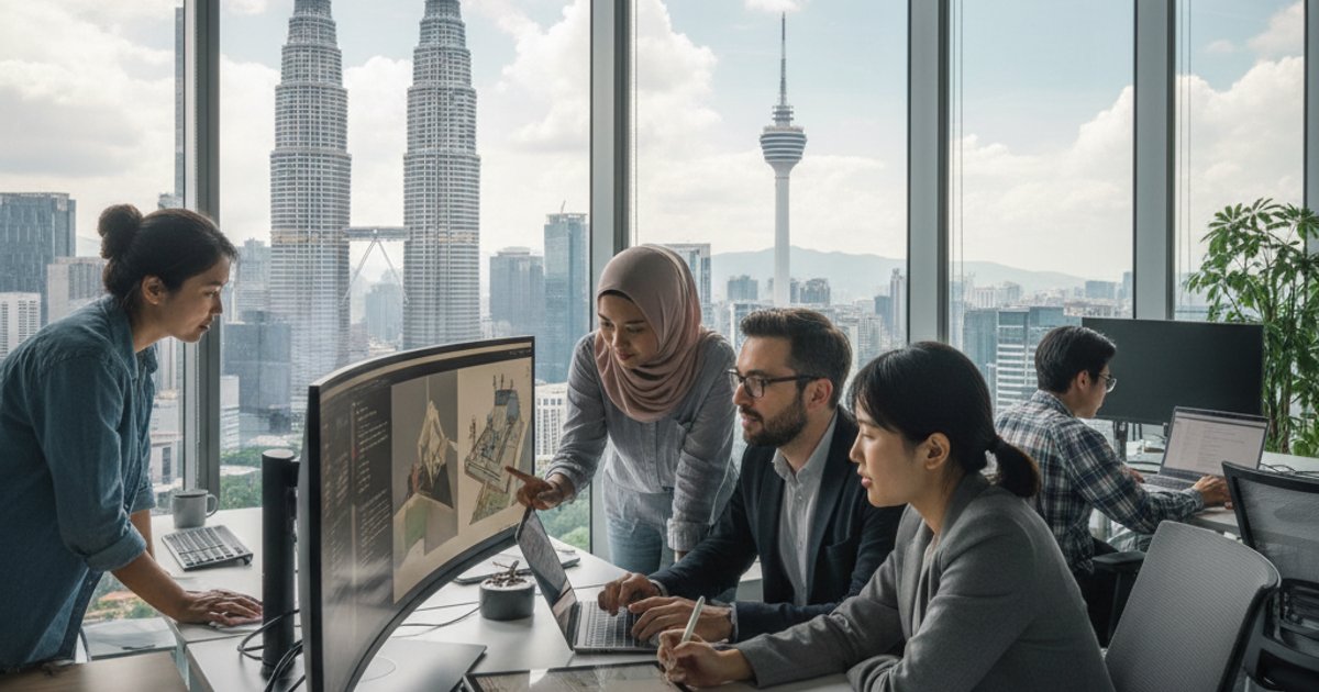 Designers collaborating on interactive digital company profile design in a modern KL office