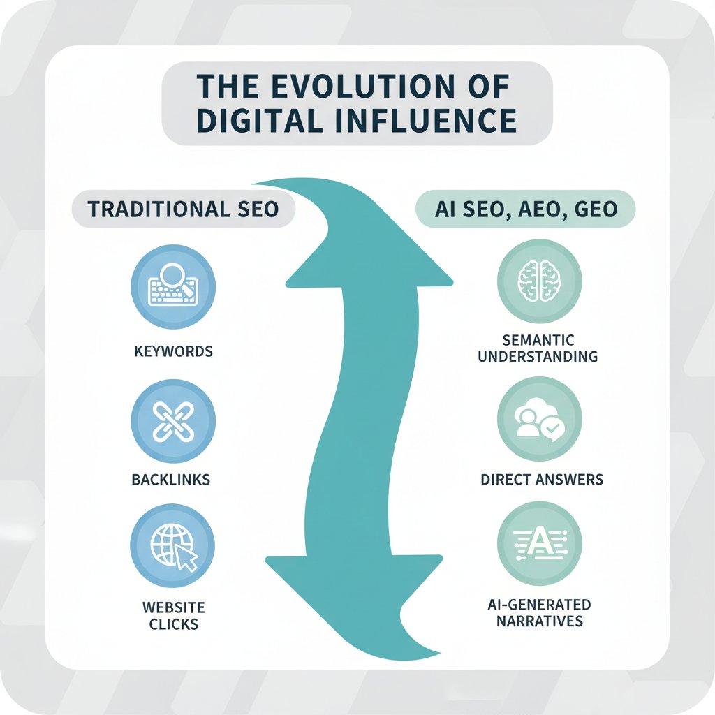 Infographic illustrating the evolution from traditional SEO to AI SEO, AEO, and GEO, highlighting the shift in digital influence.