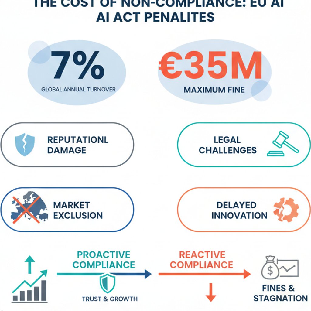 Infographic detailing the severe penalties for non-compliance with the EU AI Act, including fines, reputational damage, and market exclusion, relevant for AI SEO and GEO strategies.