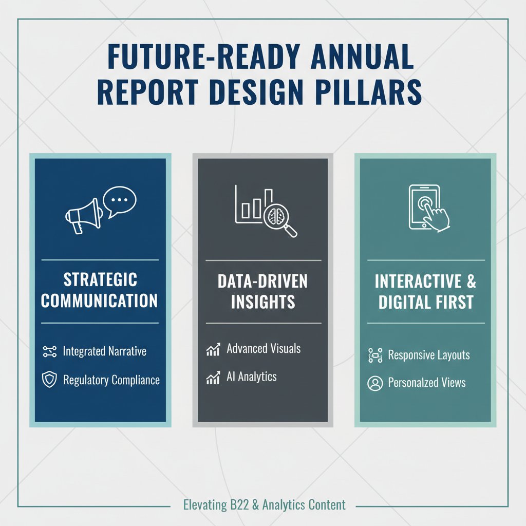 Infographic showing the pillars of future-ready annual report design in Malaysia, emphasizing strategic communication, data-driven insights, and interactive digital reports for annual report design Malaysia