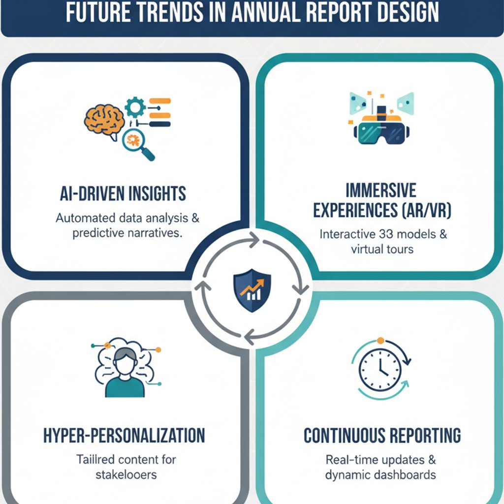 Infographic showing future trends in Annual Report Design, such as AI-driven insights, immersive AR/VR experiences, hyper-personalization, and continuous reporting for Annual Report Design Malaysia.