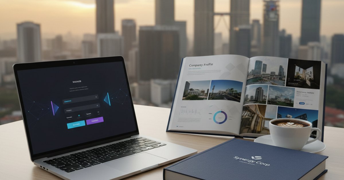Digital and print company profile designs side-by-side, showcasing versatility for company profile design Malaysia.