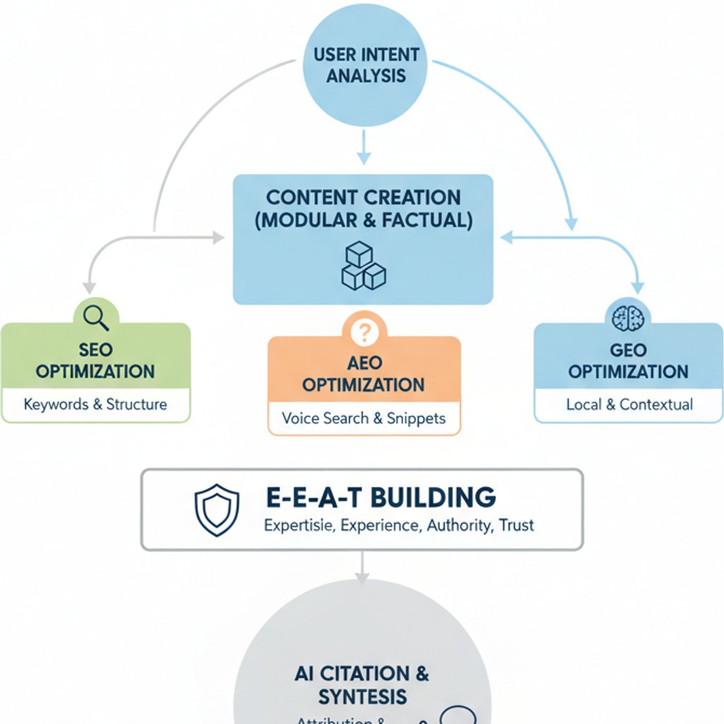 Infographic illustrating a content strategy for AI search, covering user intent, modular content, SEO, AEO, GEO, E-E-A-T, and AI citation.