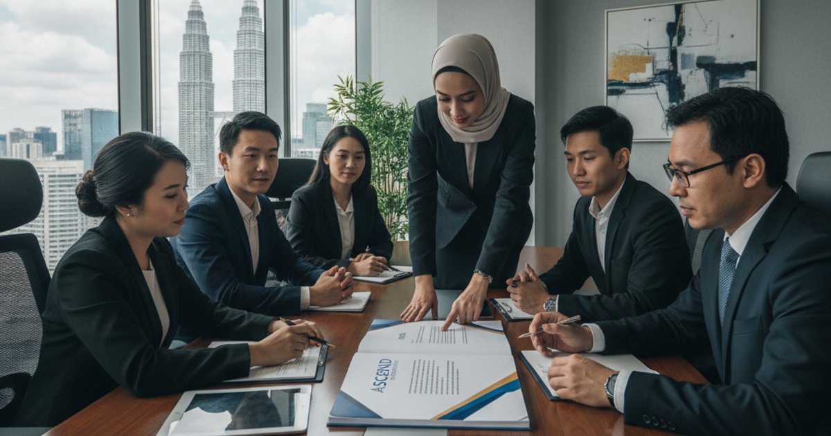 Diverse business team reviewing a professional company profile design in a modern Kuala Lumpur office