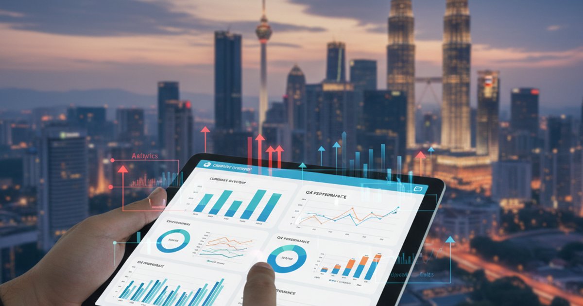 Digital company profile on a tablet showing analytics, with Kuala Lumpur city skyline in the background, representing measurement of company profile design success