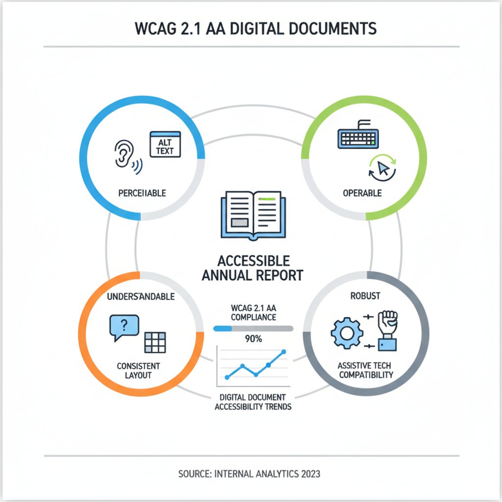 Infographic detailing WCAG 2.1 AA compliance principles for annual report design in Malaysia, showing perceivable, operable, understandable, and robust elements.