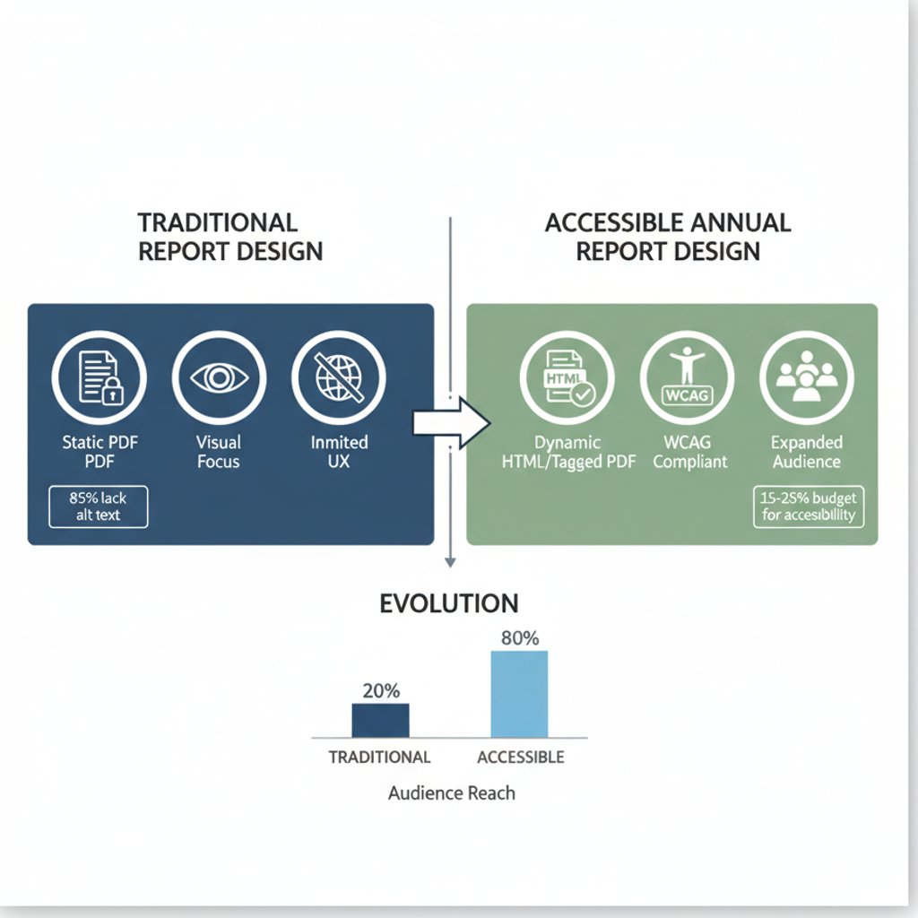 Comparison infographic between traditional and accessible annual report design, highlighting features like static PDFs vs. dynamic HTML and limited vs. expanded audience reach for annual report design in KL.