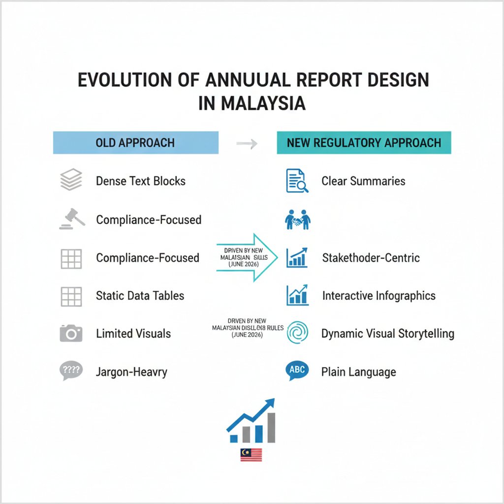 Infographic showing the evolution of annual report design in Malaysia, from old compliance-focused methods to new clarity-driven approaches for annual report design KL.