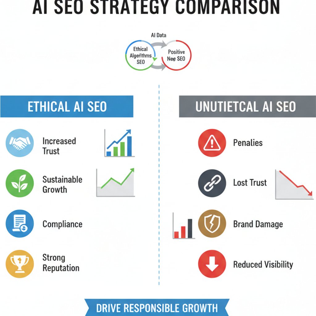 Comparison infographic illustrating the long-term benefits of ethical AI SEO, AEO, and GEO versus the risks of unethical practices.