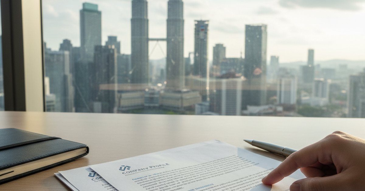 Company profile design Malaysia document on a modern desk, showcasing professional layout and branding.