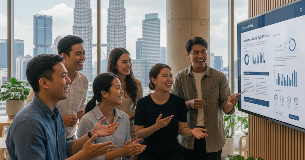 Diverse team collaborating on company profile design in a modern Malaysian office