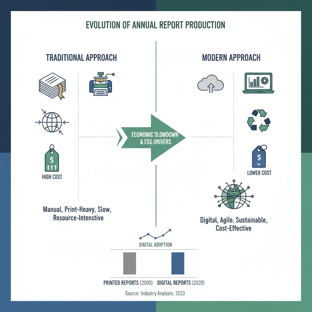 Infographic showing the shift from traditional to sustainable annual report design in Malaysia