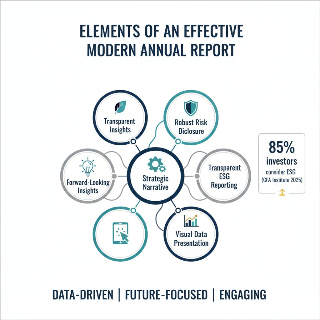 Infographic outlining the key elements of an effective modern annual report design, including strategic narrative, ESG, and visual data for companies in KL