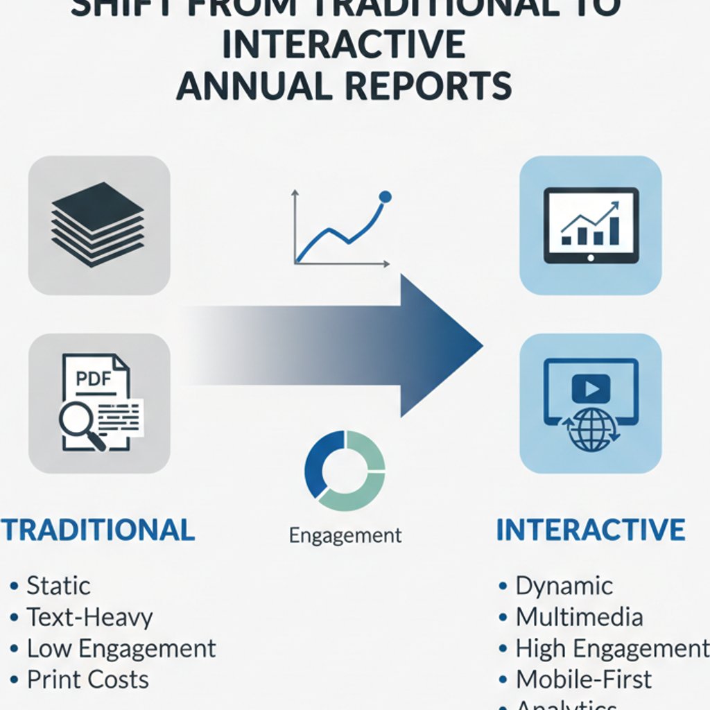 Infographic illustrating the shift from traditional to interactive annual report design in Malaysia, highlighting benefits like multimedia and mobile-first approach.