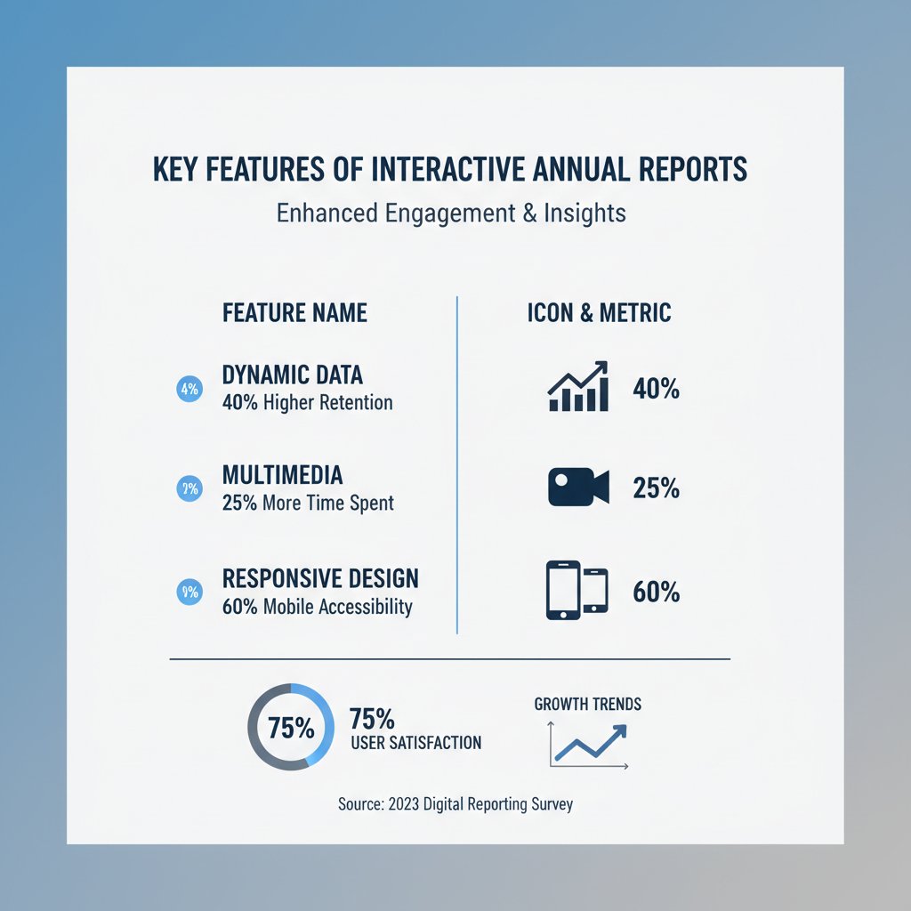 Infographic showcasing key features of cutting-edge interactive annual report design, including dynamic data visualization and responsive design for Malaysian companies.