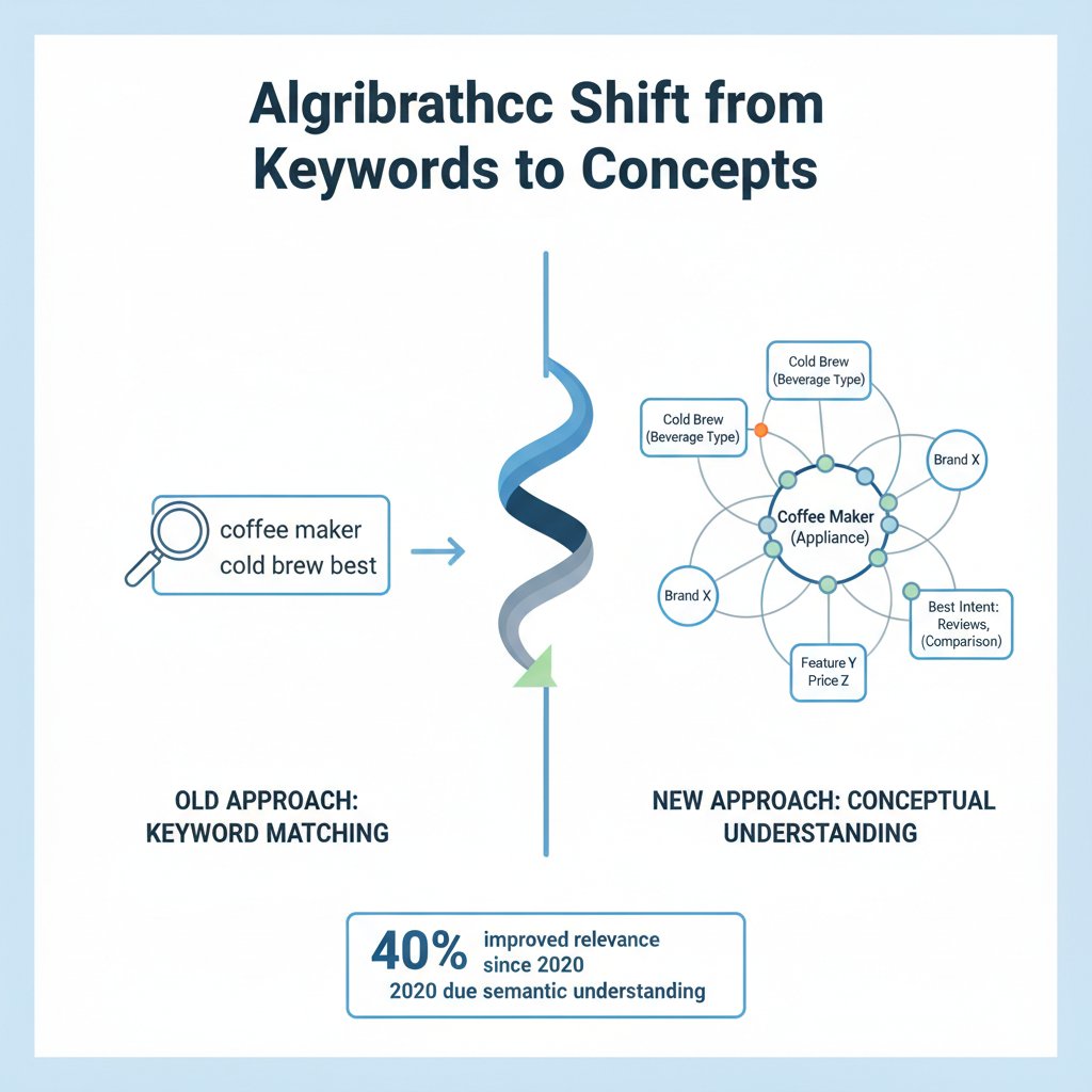 Infographic showing the algorithmic shift from keywords to concepts in AI SEO