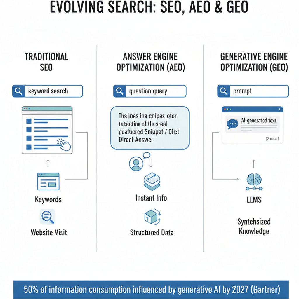 Infographic comparing the goals and user interactions of SEO, AEO, and GEO in the AI era