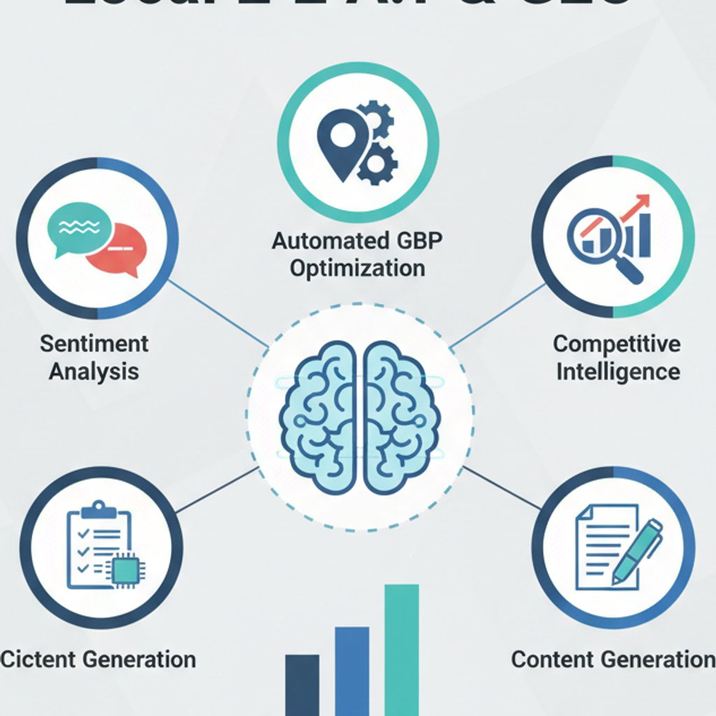 Infographic illustrating how AI tools enhance local E-E-A-T and GEO performance through sentiment analysis, GBP optimization, and competitive intelligence for AI SEO.