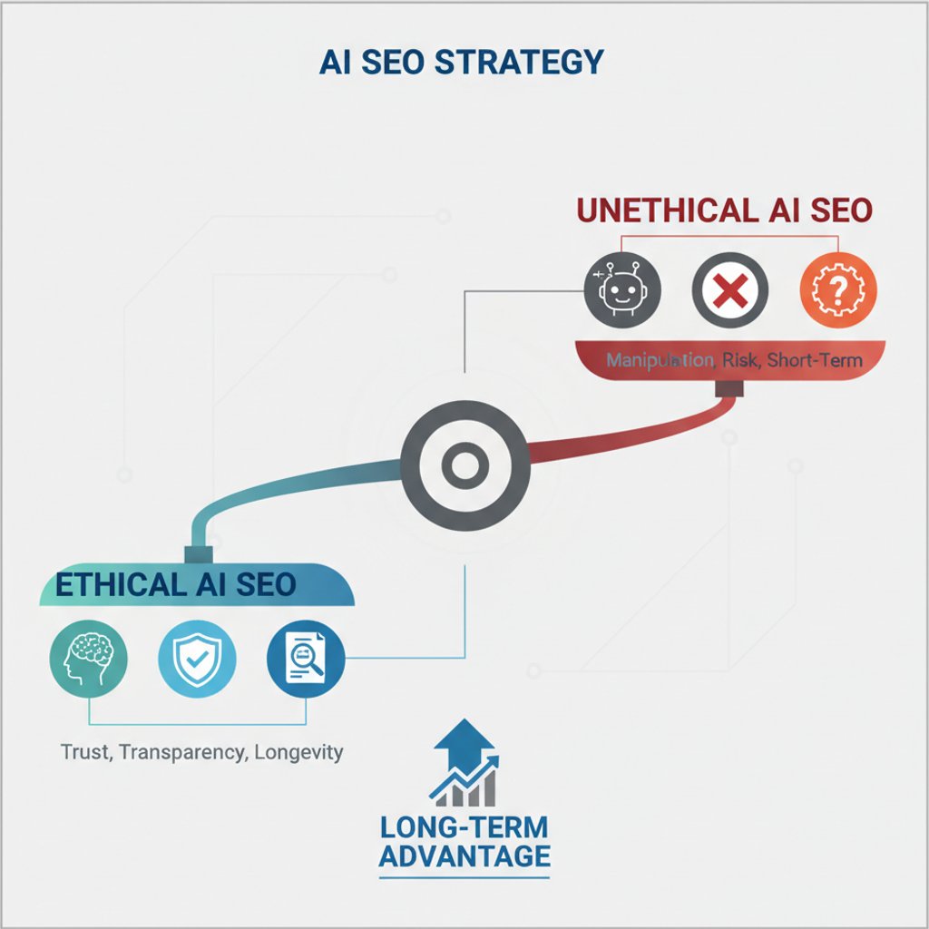Ethical AI SEO vs. Unethical AI SEO balance scale
