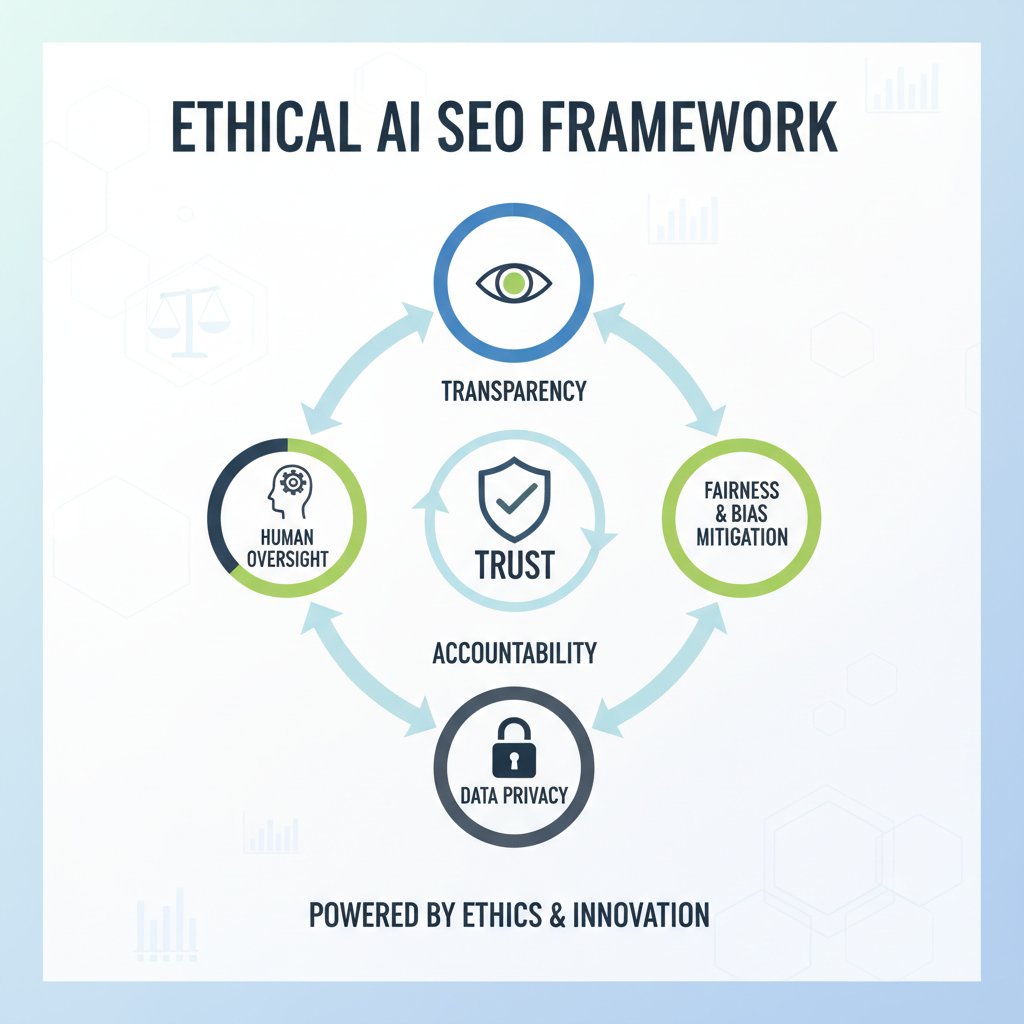 Ethical AI SEO Framework showing pillars of trust, transparency, fairness, accountability, data privacy, and human oversight