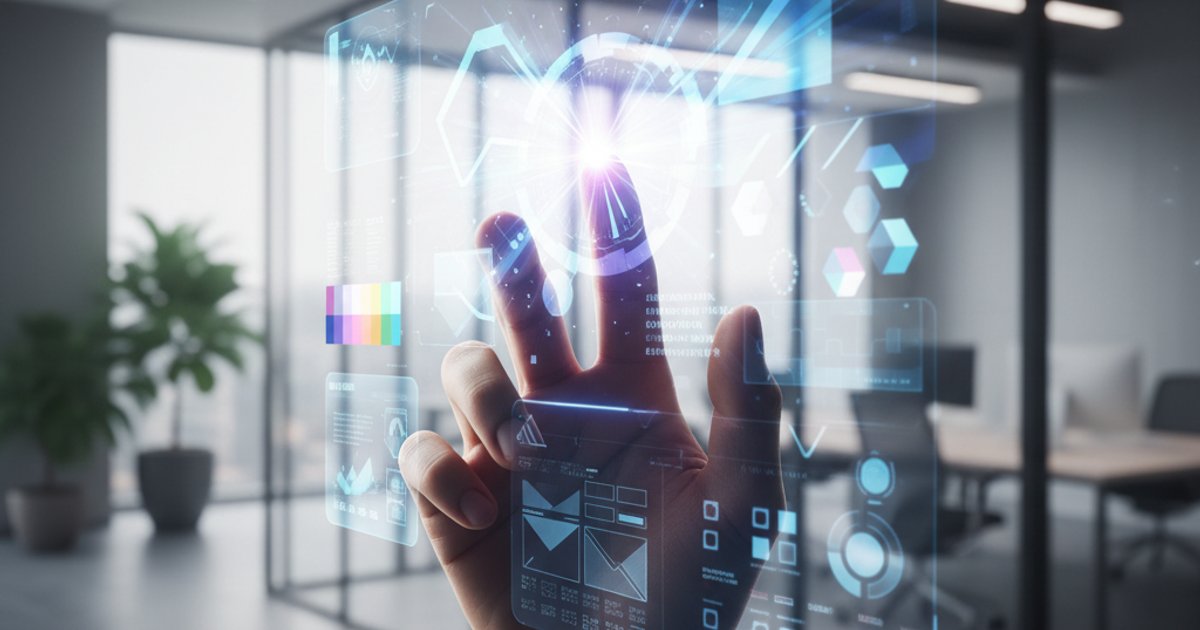 Hand interacting with AI interface for advanced company profile design in Malaysia