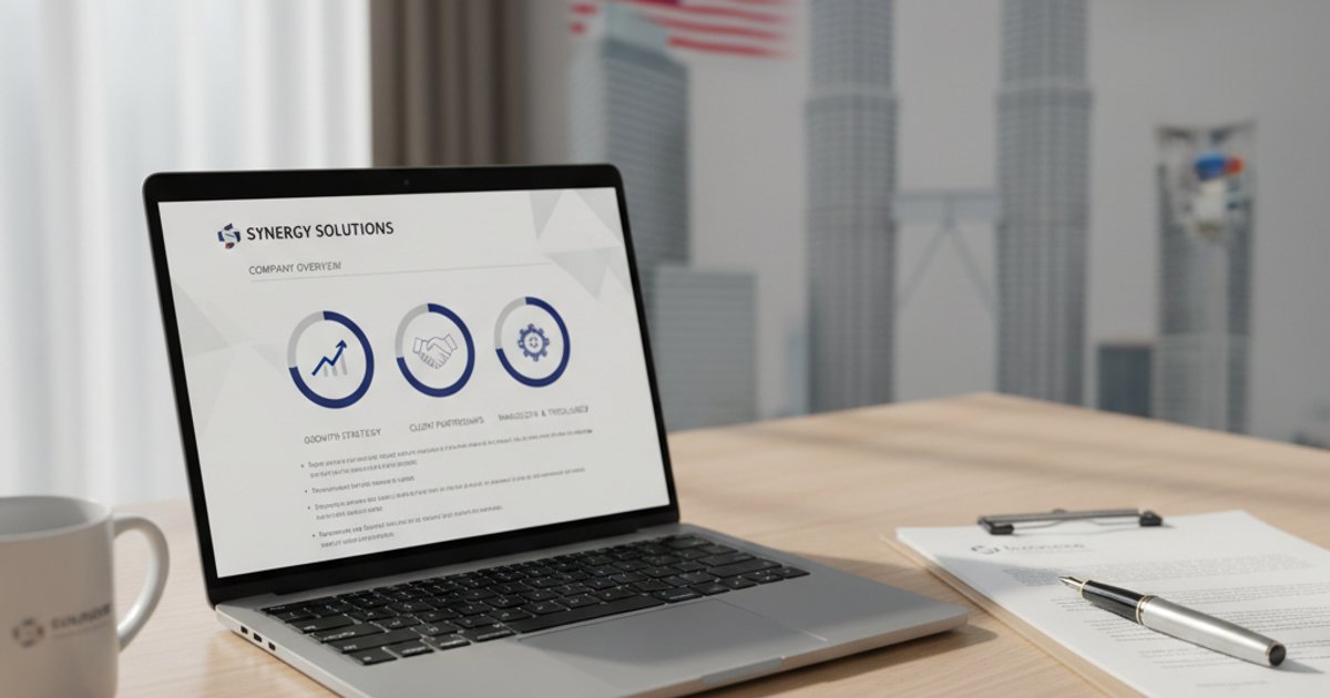 Professional company profile design on a laptop, emphasizing digital readiness for Malaysian businesses