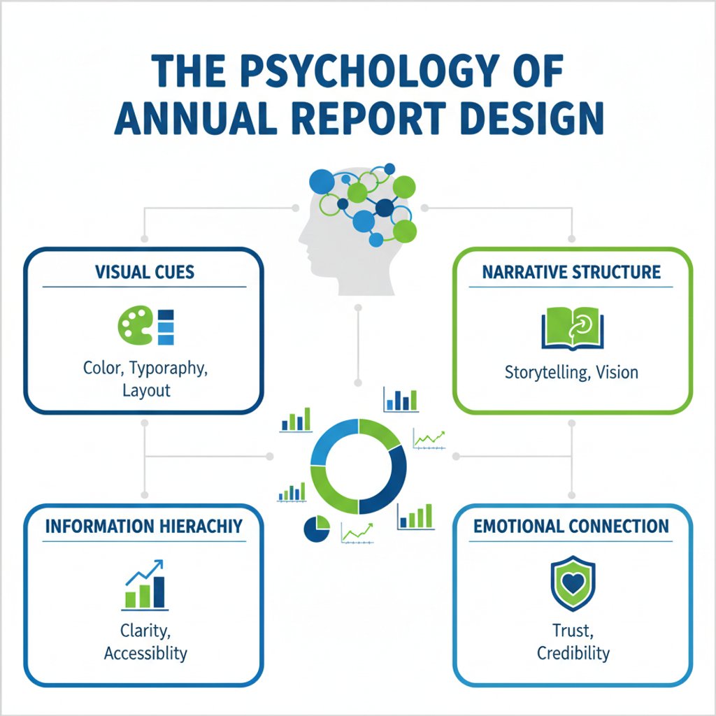 Infographic illustrating the psychological impact of annual report design in Malaysia, covering visual cues, narrative, information hierarchy, and emotional connection to build trust.