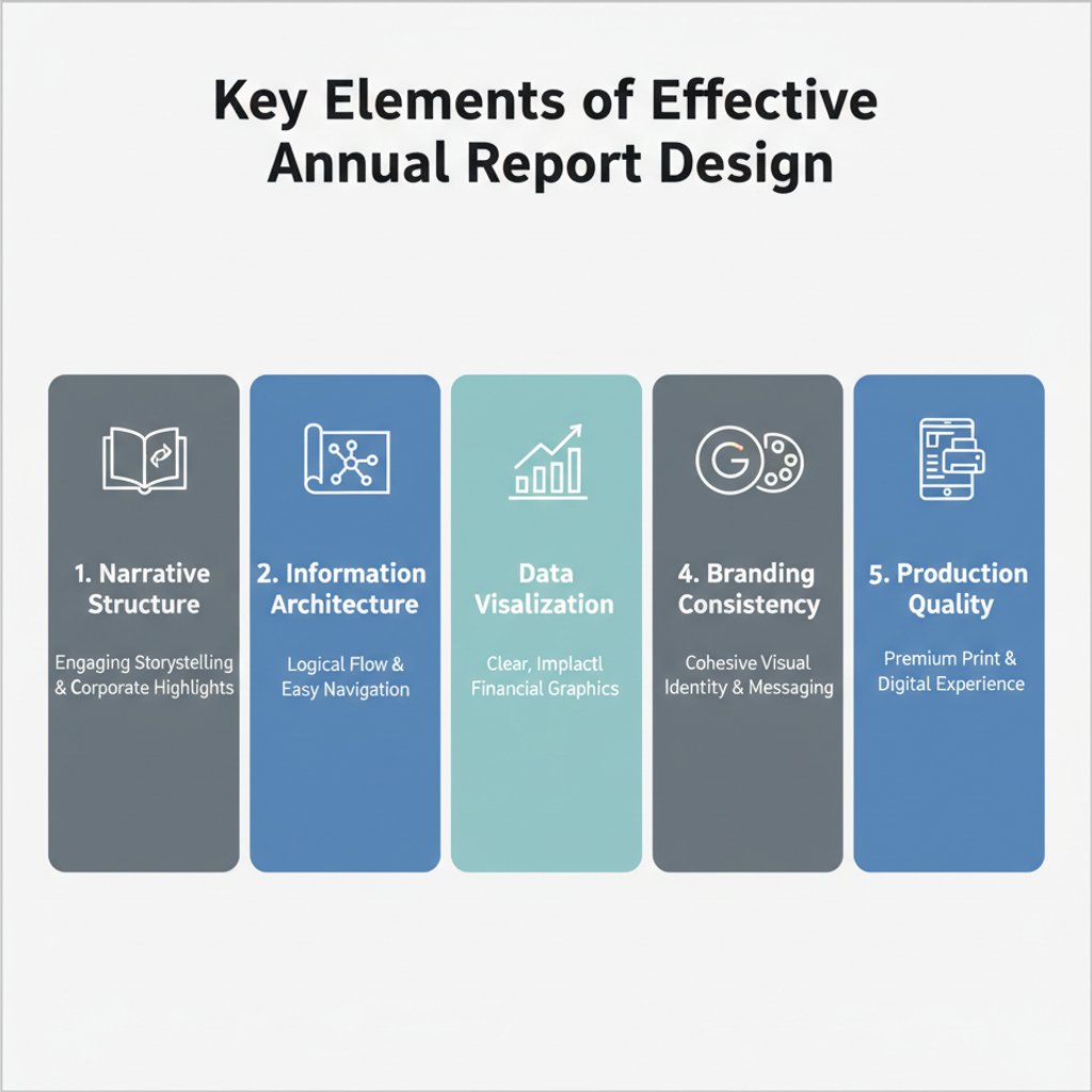 Infographic showing key elements of effective annual report design in Malaysia