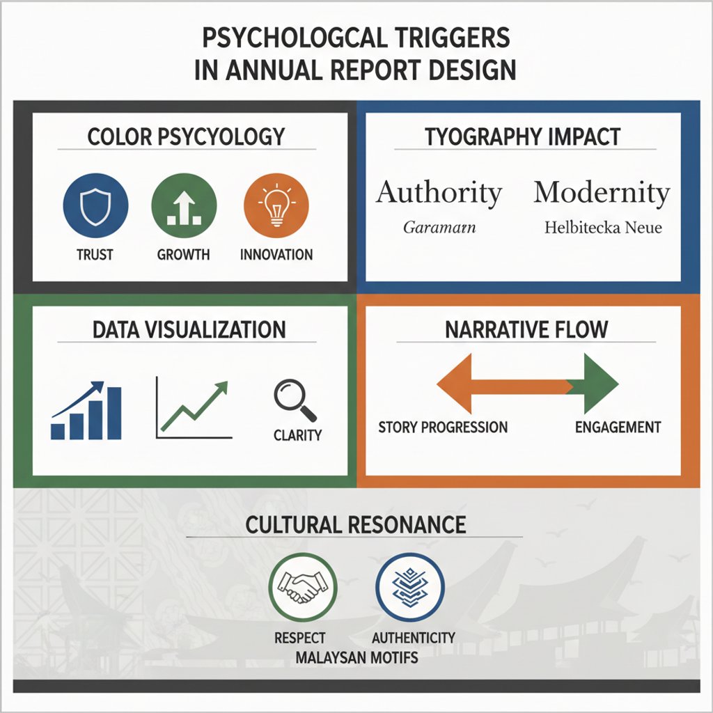 Infographic detailing psychological triggers in annual report design for Malaysian investors