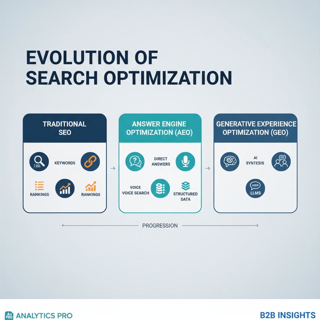 Infographic showing the evolution from AI SEO to AEO and GEO
