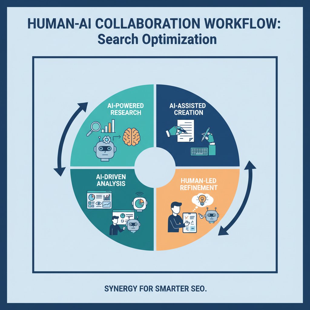 Infographic illustrating the human-AI workflow for AI SEO, AEO, and GEO