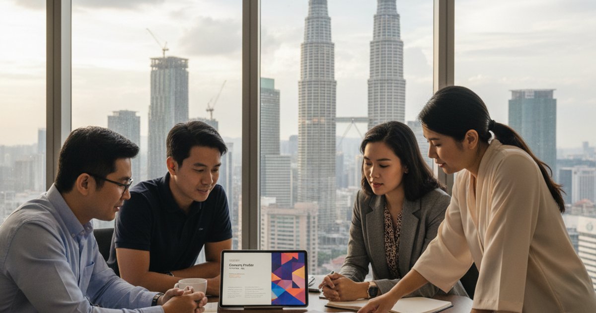 Malaysian business team reviewing a company profile design in a modern KL office
