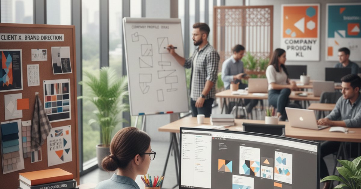 Designers collaborating on a company profile design in a creative agency in Kuala Lumpur