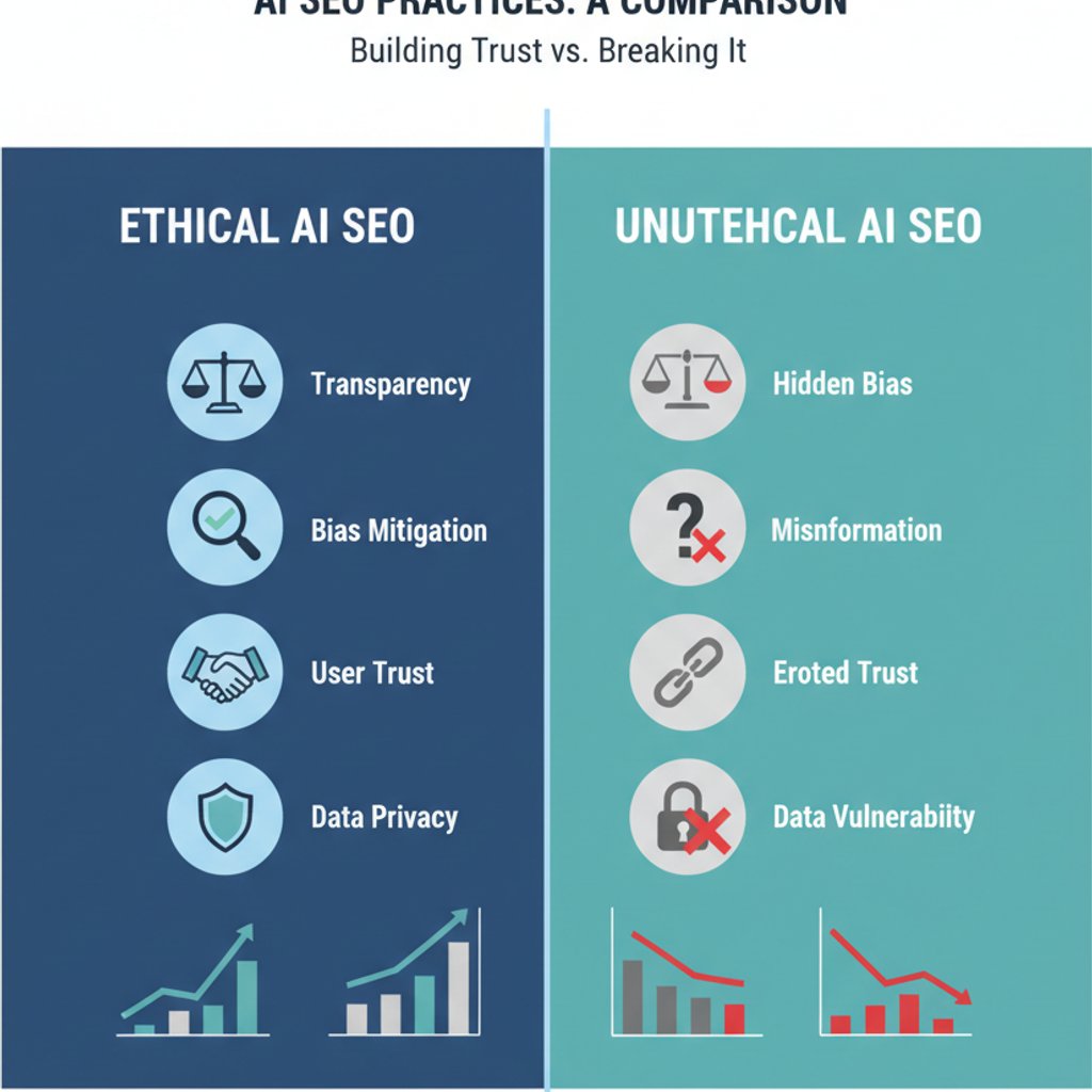 Comparison infographic between Ethical AI SEO and Unethical AI SEO, highlighting differences in transparency, bias, trust, and data privacy for AEO and GEO strategies.