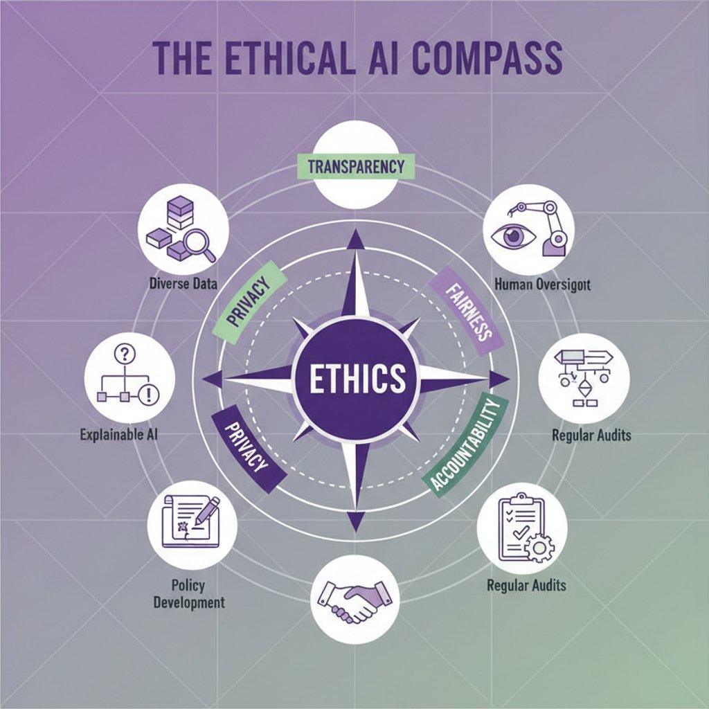 Infographic of The Ethical AI Compass, highlighting Transparency, Fairness, Accountability, and Privacy in AI SEO